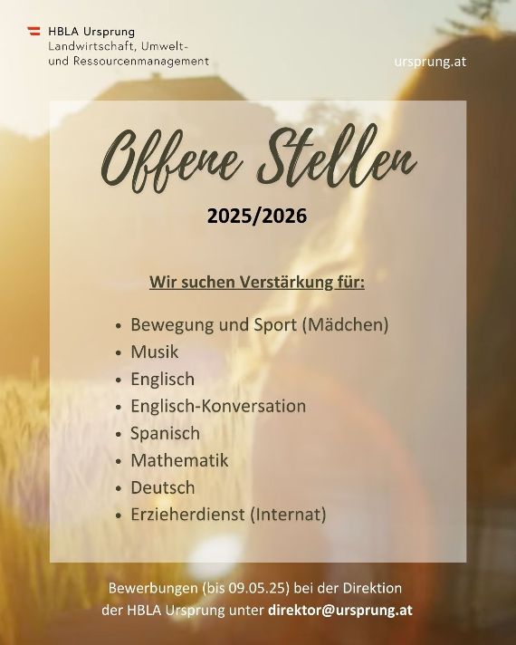 Plakat zu offenen Stellen für das Schuljahr 2025 und 2026